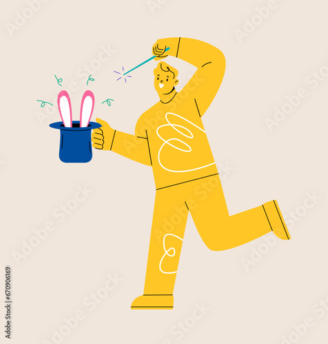 Man holding a magic wand and demonstrates tricks with a hat. Colorful vector illustration