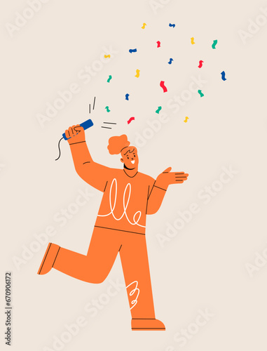 Woman blow up cracker. Woman celebrate party. Colorful vector illustration
