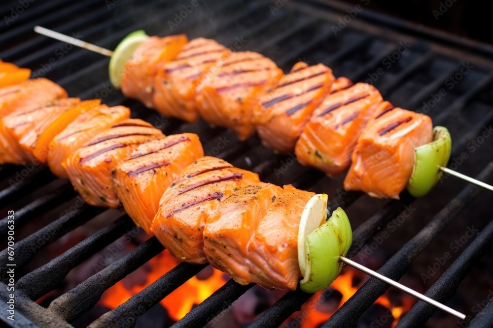 salmon on a skewer over the grill