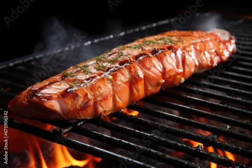 shiny salmon steak on grill flipped on one side
