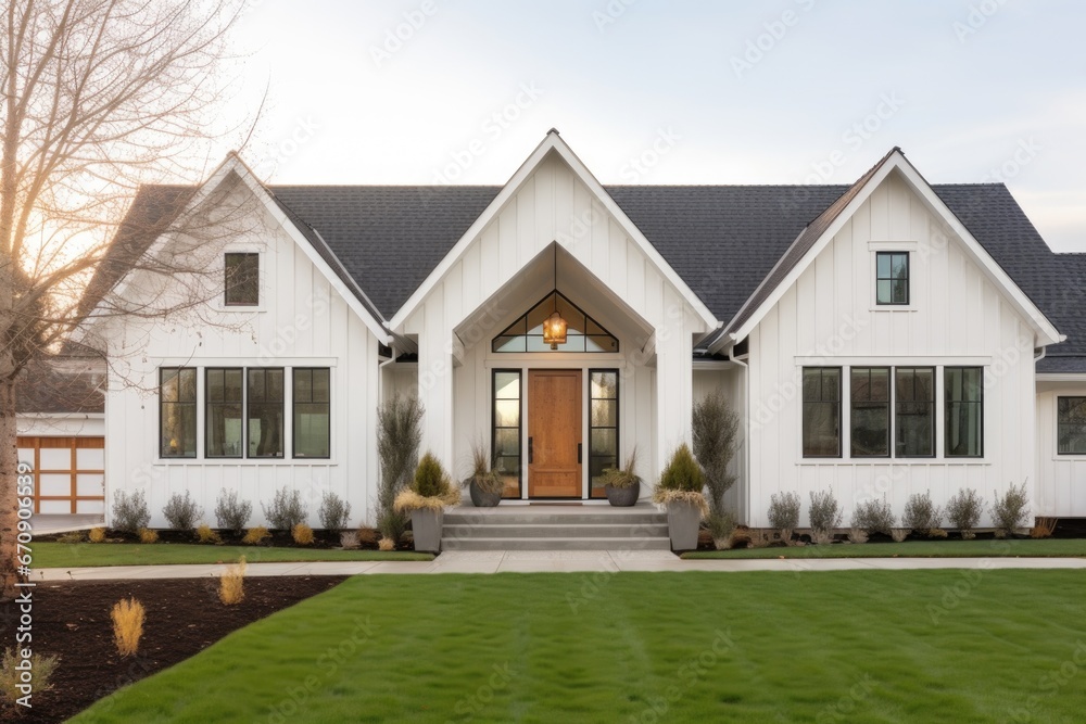 modern farmhouse with a white painted gabled front entry