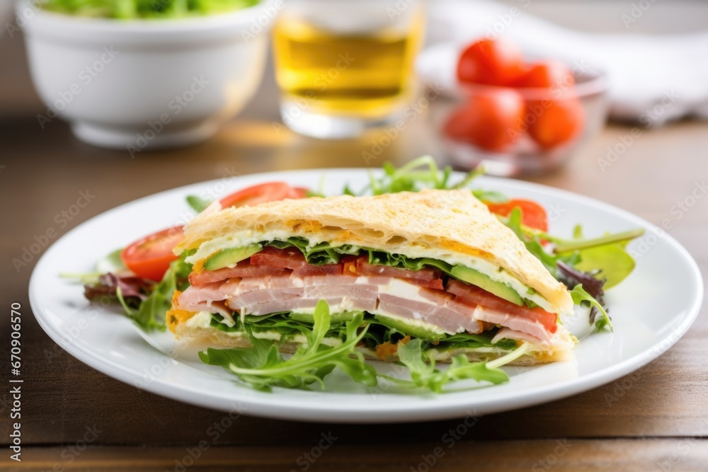 brick-pressed sandwich with salad on porcelain white plate brick-pressed sandwich with salad on porcelain white plate