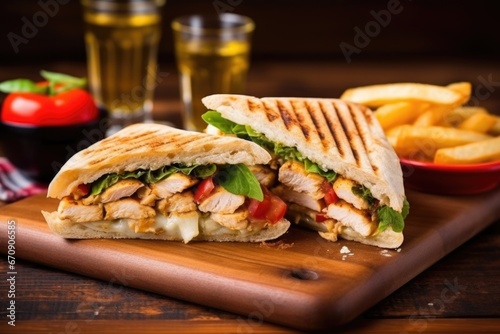 brick pressed grilled chicken sandwich on wooden platter