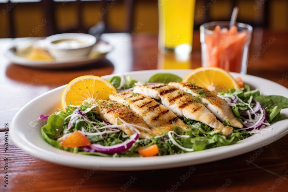 fish served over a salad, drizzled with a citrus glaze fish served over a salad, drizzled with a citrus glaze