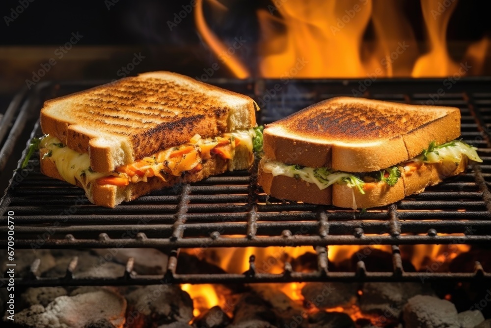 two grilled sandwiches under bricks on metal grate