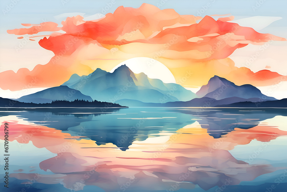 Fototapeta premium sunset on the lake watercolor illustration 