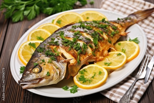 fish basted with lemon glaze, garnished with fresh parsley