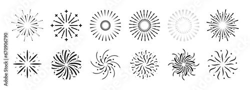 Set of new year firework vector illustration. Collection of black starburst, sunlight on white background. Art design suitable for decoration, print, poster, banner, wallpaper, card, cover, icon.