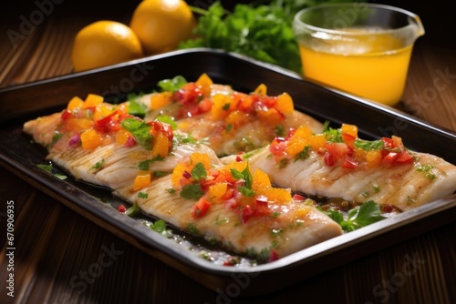 white fish fillets glazed with mandarin salsa on a tray