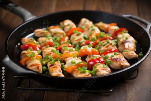 swordfish skewers on a cast-iron pan with soy sauce