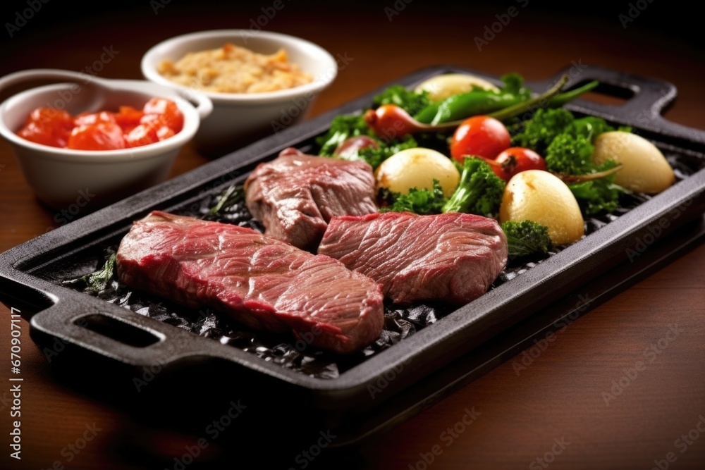 sizzling sirloin steak on a hot stone platter