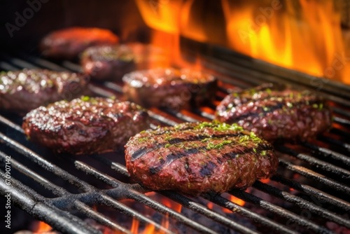 burger patties sizzling on charcoal grill