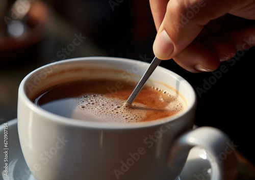Man's hand stirring coffee with a spoon. AI generative.