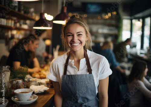 Cafe waitress posing smiling with the bar in the background. AI generative.