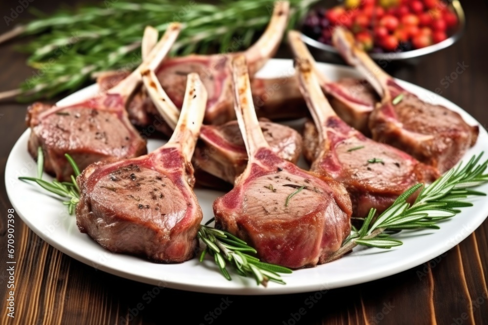 lamb chops resting on a platter with fresh rosemary