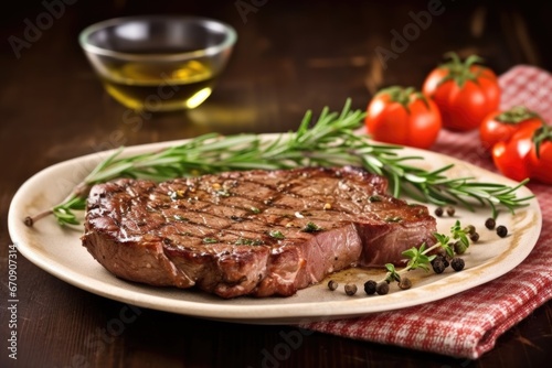 bone-in beef steak garnished with fresh thyme on a stoneware plate