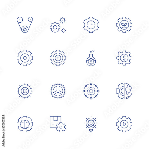 Gear line icon set on transparent background with editable stroke. Containing gear, settings, system, setting, order fulfillment, time management, test tubes, internet, light bulb.
