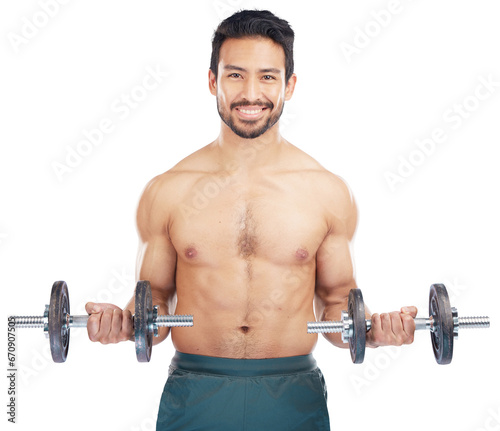 Portrait, exercise and dumbbells with a bodybuilder man isolated on a transparent background for health or wellness. Fitness, weight or muscle with a happy male athlete on PNG for a training workout