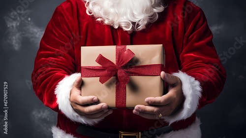 Gift box in santa hand over blur background with copy space for text, Christmas and new year season mock up, template