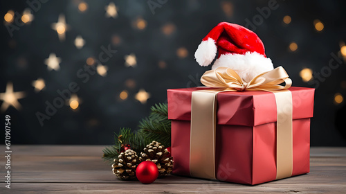 Gift box over blur background with copy space for text, Christmas and new year season mock up, template