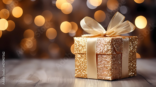 Gift box over blur background with copy space for text, Christmas and new year season mock up, template