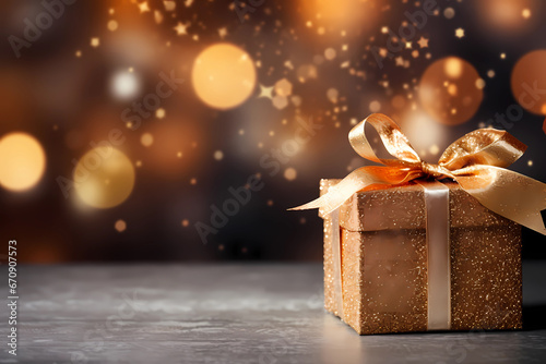Gift box over blur background with copy space for text, Christmas and new year season mock up, template