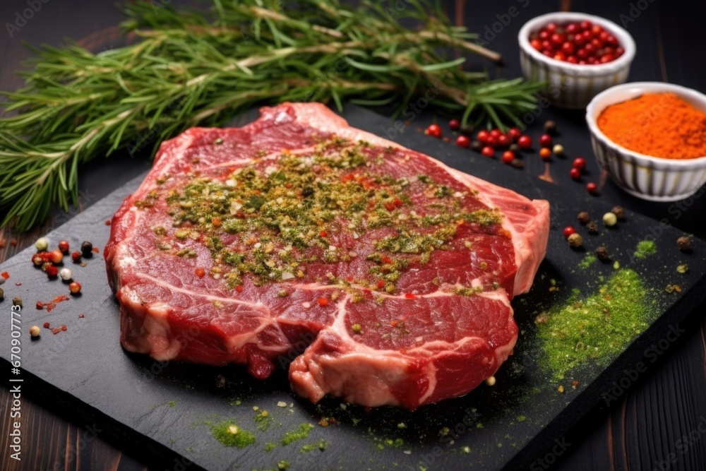 t-bone steak garnished with chili flakes and dill
