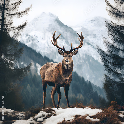 Hirsch umgeben von Wald und Bergen im Winter © Toni