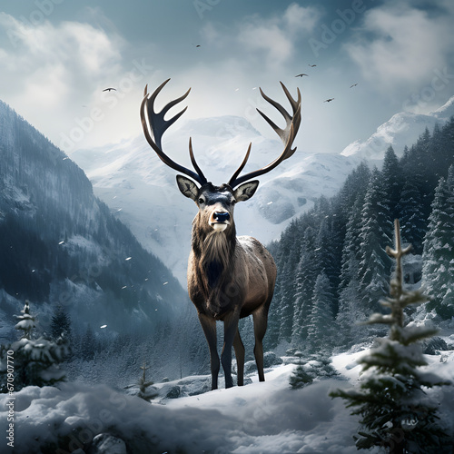 Hirsch umgeben von Wald und Bergen im Winter