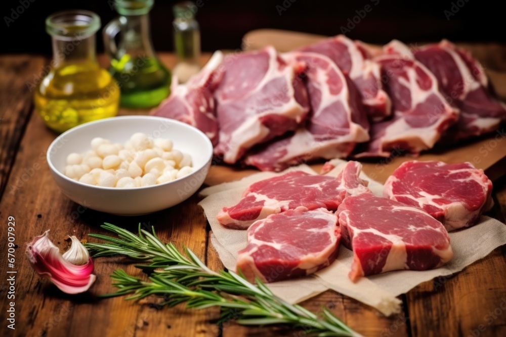 pressed rosemary and garlic on a table, lamb cutlets behind pressed rosemary and garlic on a table, lamb cutlets behind