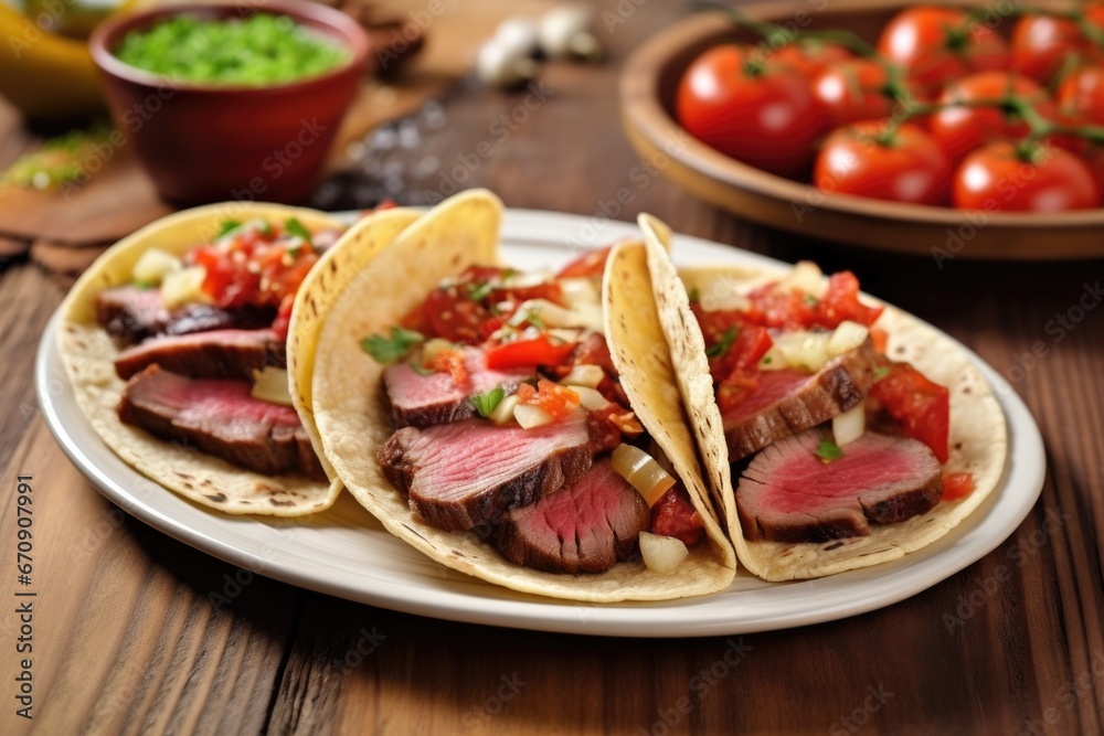 corn tortilla tacos with grilled steak on a porcelain plate