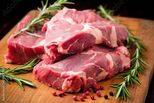 close-up of fresh rosemary leaves on a raw lamb roast