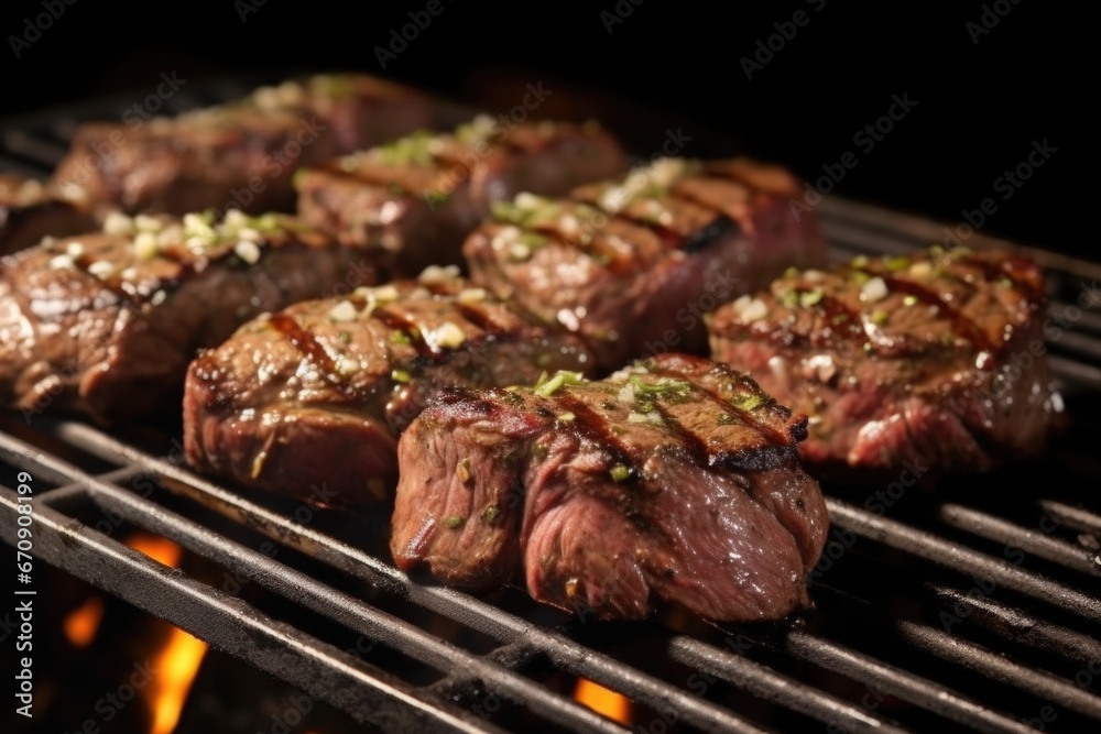 bbq steak tips on a grill with garlic butter bbq steak tips on a grill with garlic butter