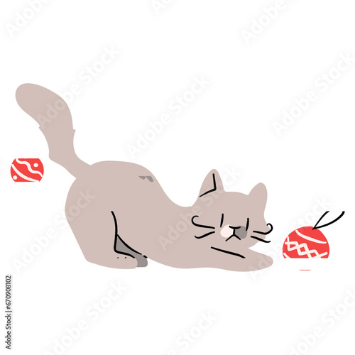 Cute cat playing christmas balls flat illustration