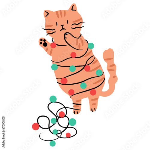 Cute cat playing christmas lights flat illustration