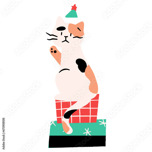 Cute cat sitting on gift boxes flat illustration