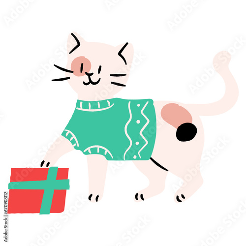 Cute cat with gift box flat illustration