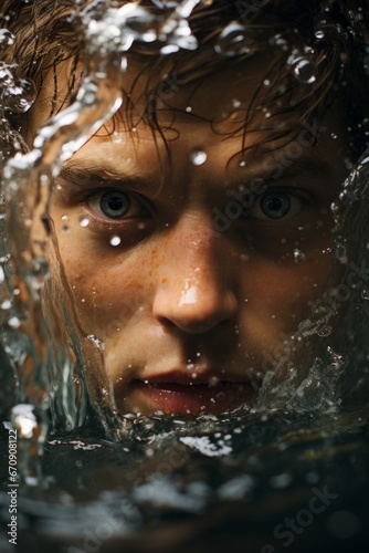 swimmer's focused face emerging from the water during a crawl stroke, Generative AI © Shooting Star Std