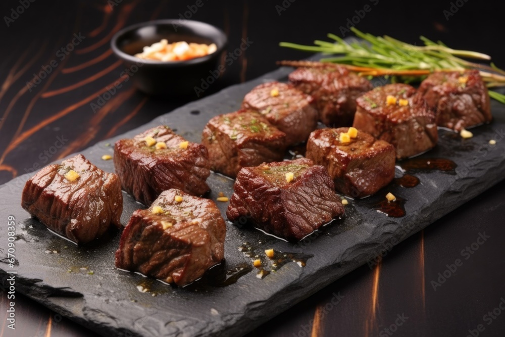 garlic bbq steak tips on a dark slate serving board