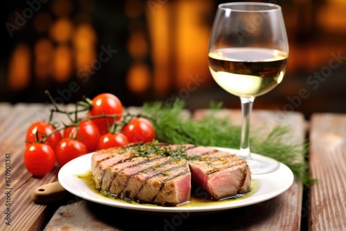 grilled tuna steak next to a glass of white wine