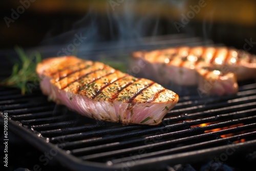 side view of tuna steak on a grill griddle