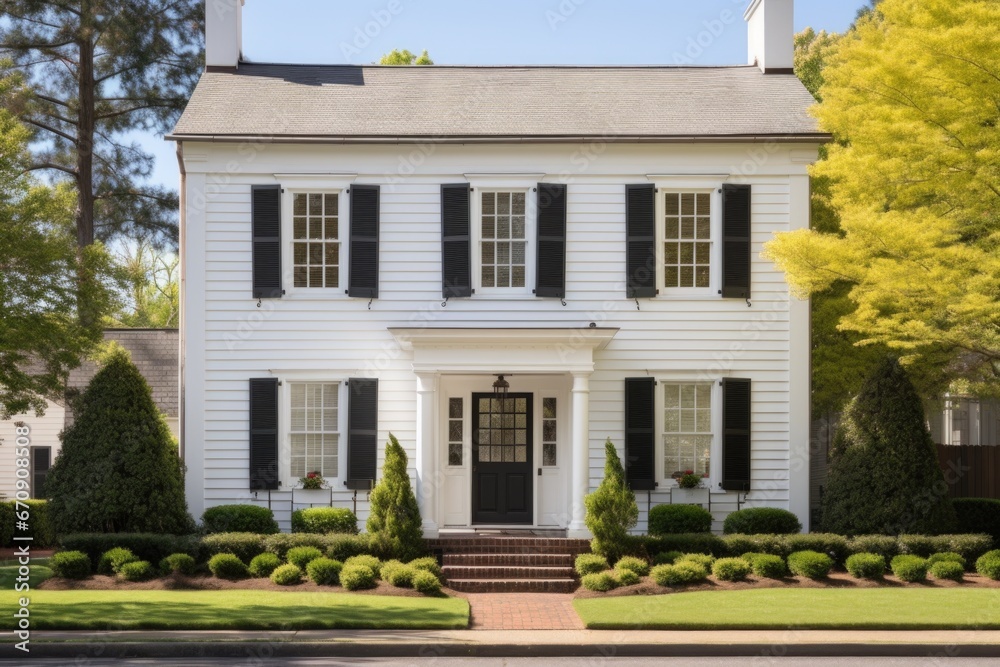 georgian house exterior with hip roof and white shutters