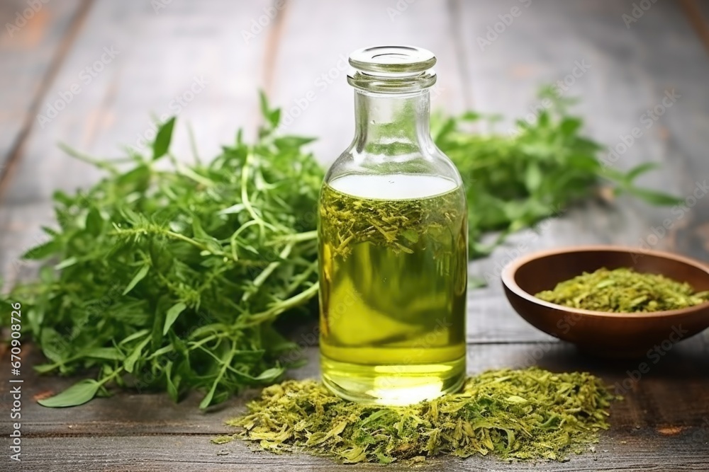 green botanicals infusion in a glass gin bottle green botanicals infusion in a glass gin bottle