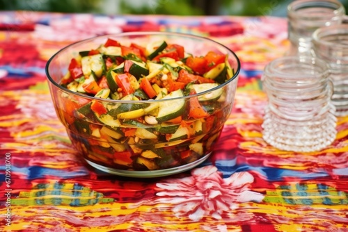 glass dish full of grilled vegetable mix on a floral tablecloth