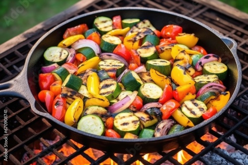 shot of grilled veggies in an iron-handled pan on a cobblestone surface