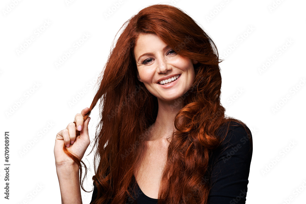 Obraz premium Portrait, ginger or woman smile with healthy long hair, grooming care or soft glow, growth or clean salon haircut. Face, strong locks or happy person hairstyle isolated on transparent, png background