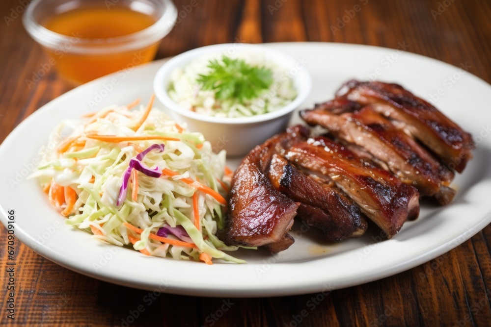 glazed pork ribs with a side of homemade coleslaw