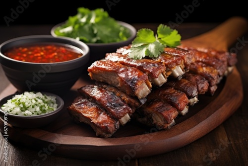 stacked glazed pork ribs with a dipping sauce