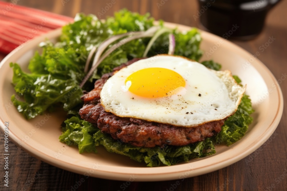 veggie burger with a fried egg and greens on a plate veggie burger with a fried egg and greens on a plate