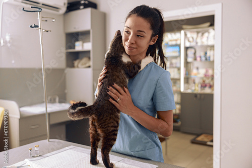 Foto Asian veterinarian intern in blue uniform hugs tabby cat at table in clinic